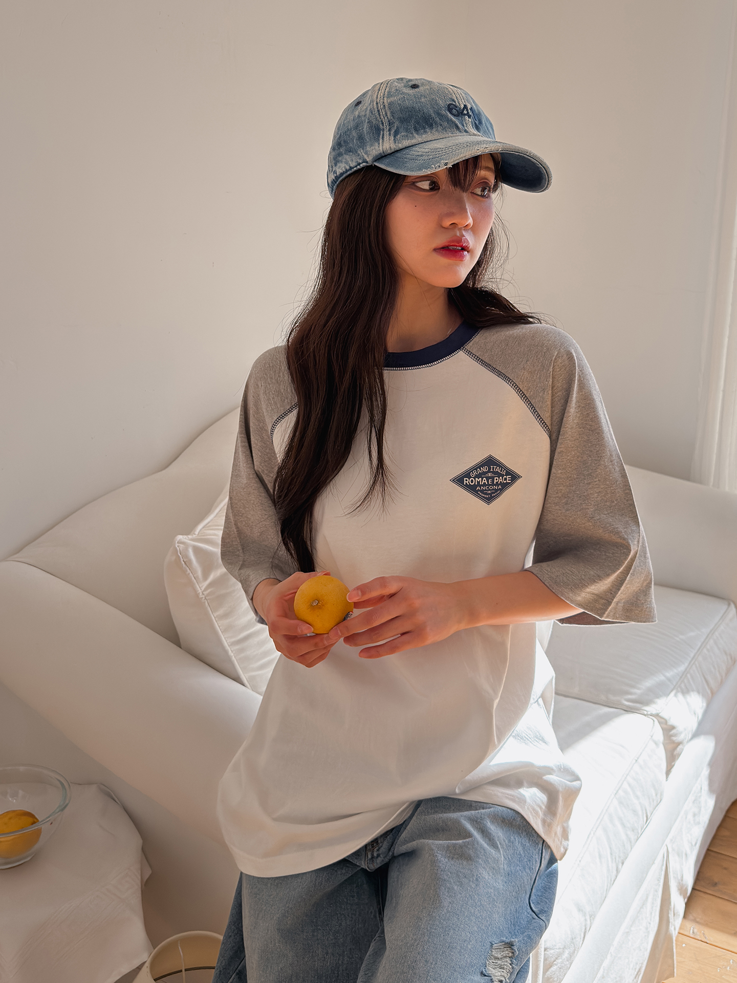 コットンラウンドネックラグランオーバーサイズルーズ半袖ロゴ配色Tシャツ | 詳細画像9