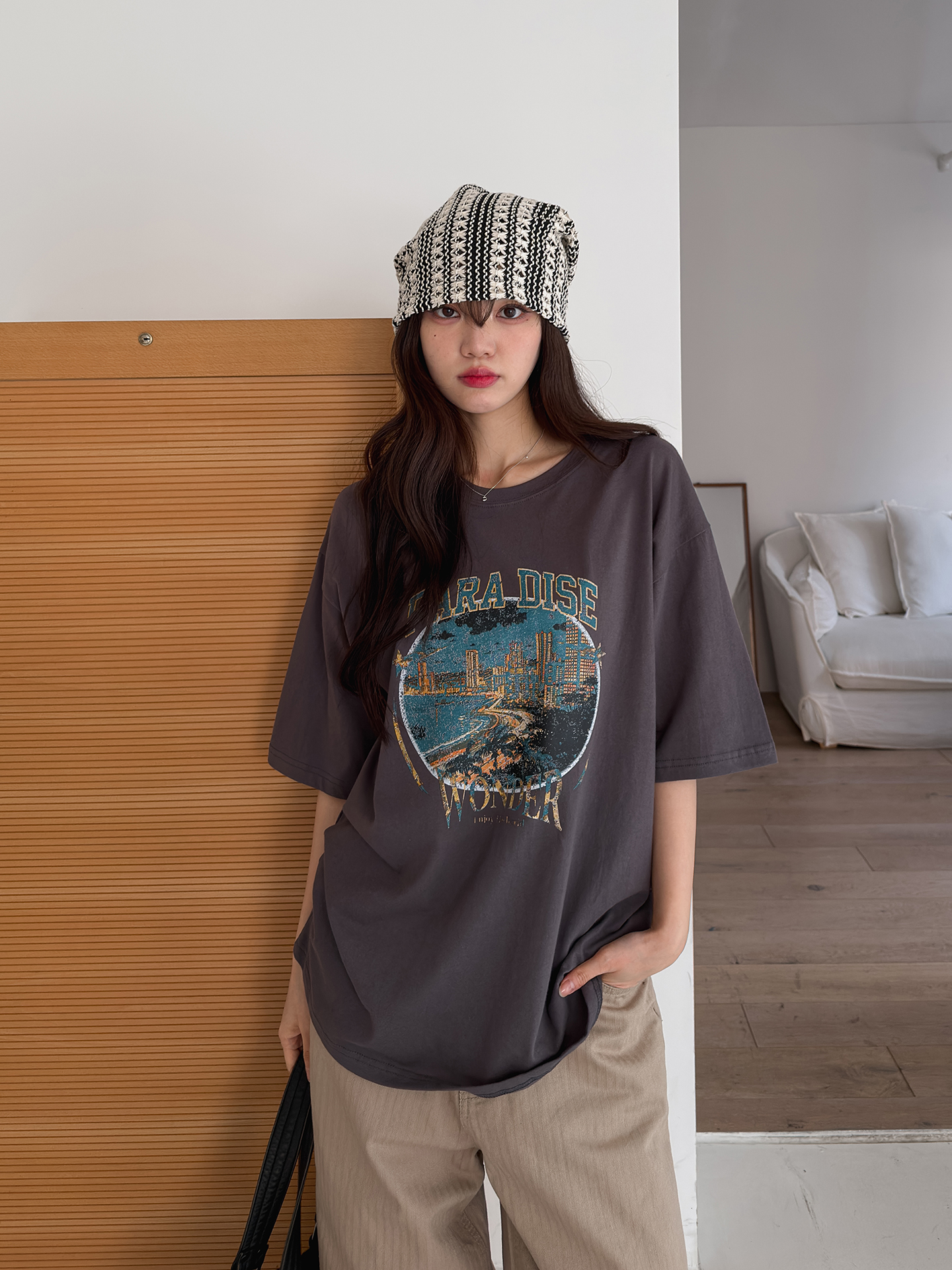 ラウンドネックオーバーサイズルーズ半袖ハーフドロップショルダープリントTシャツ | 詳細画像3