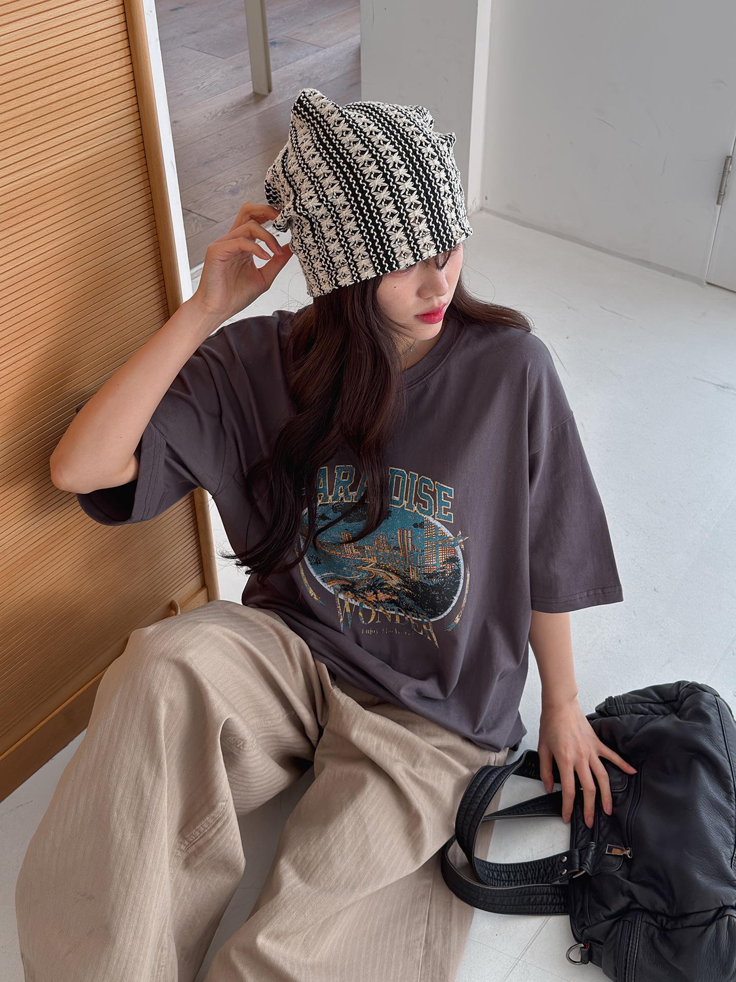 ラウンドネックオーバーサイズルーズ半袖ハーフドロップショルダープリントTシャツ | 詳細画像6