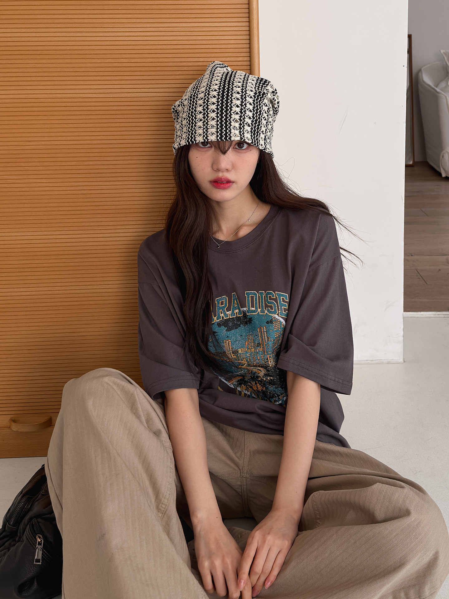 ラウンドネックオーバーサイズルーズ半袖ハーフドロップショルダープリントTシャツ | 詳細画像7