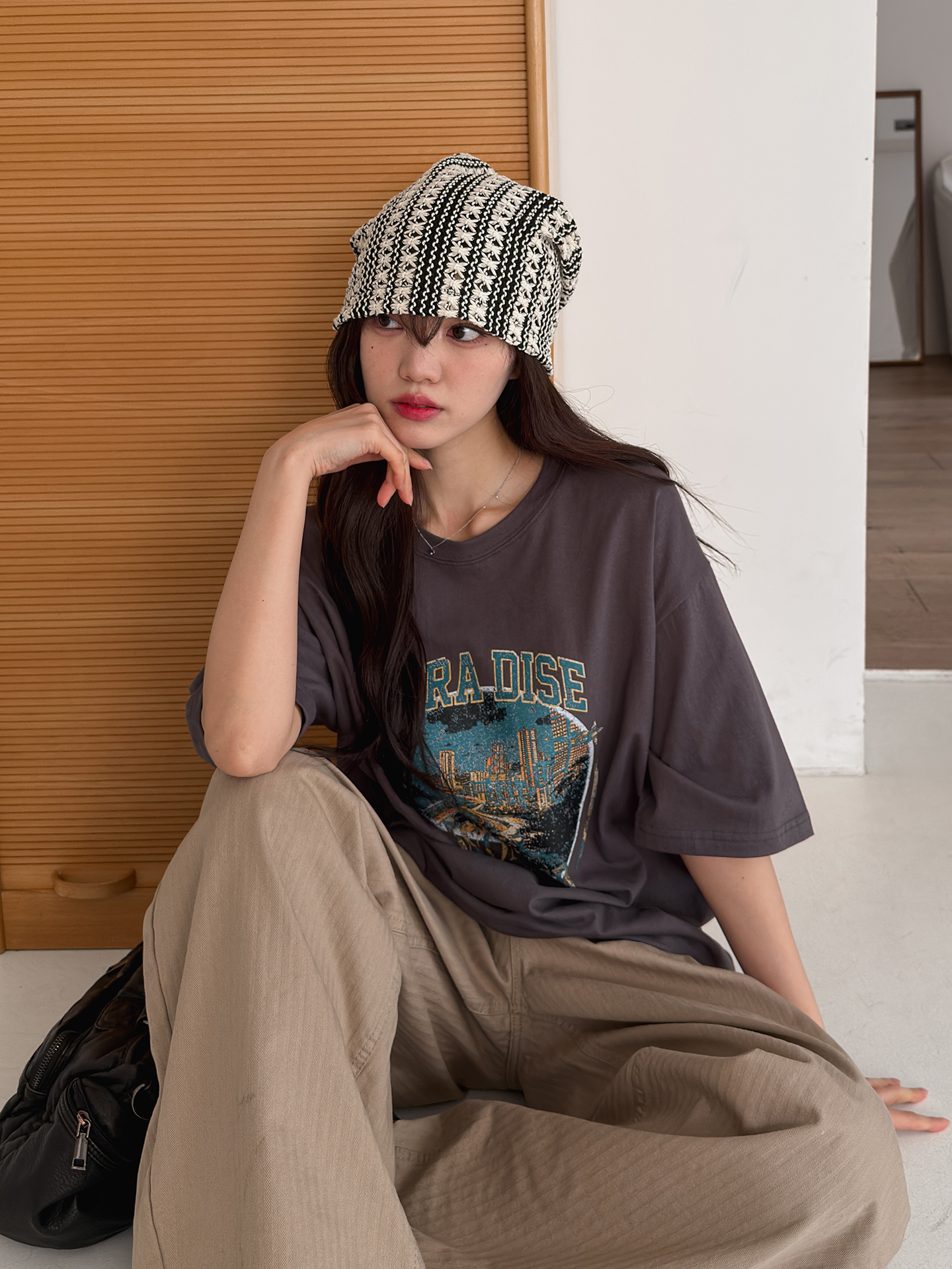 ラウンドネックオーバーサイズルーズ半袖ハーフドロップショルダープリントTシャツ | 詳細画像8