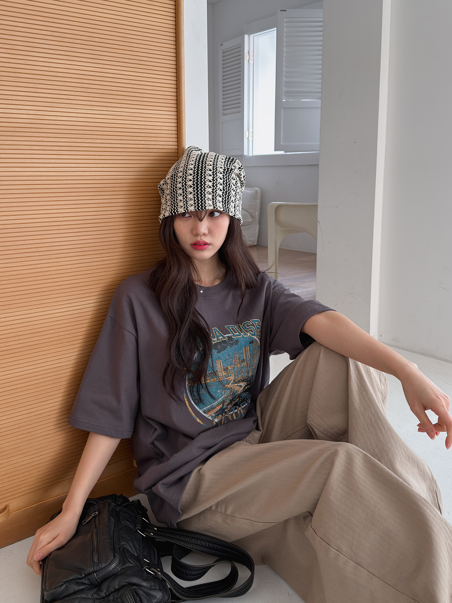 ラウンドネックオーバーサイズルーズ半袖ハーフドロップショルダープリントTシャツ | 詳細画像9