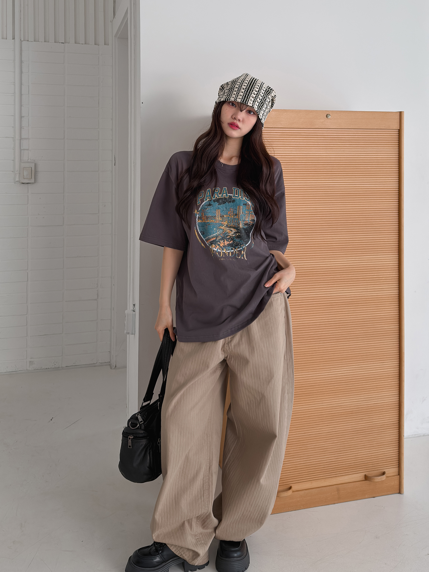 ラウンドネックオーバーサイズルーズ半袖ハーフドロップショルダープリントTシャツ | 詳細画像2