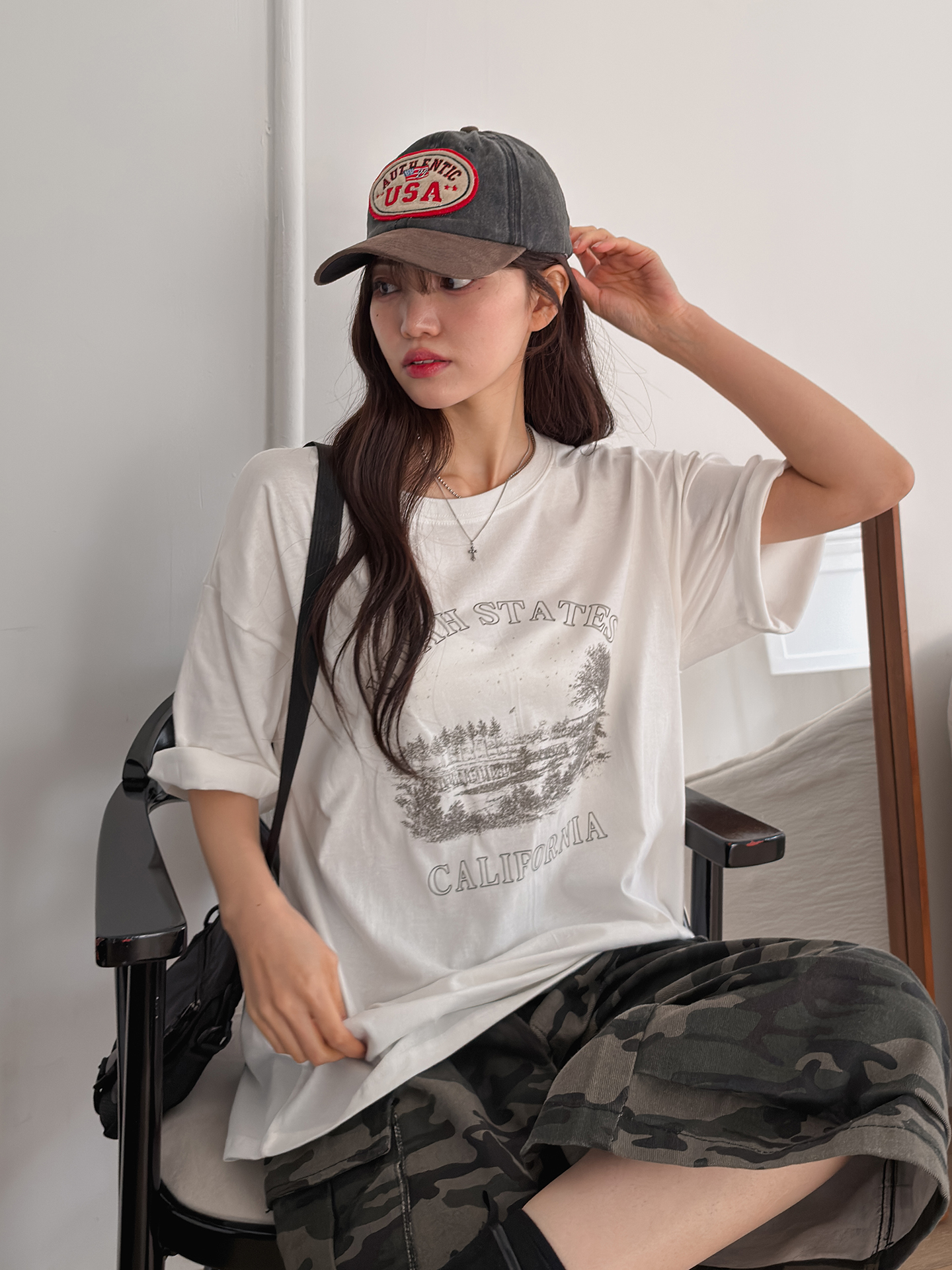 ラウンドネックオーバーサイズルーズ半袖ドロップショルダーレタリングプリントTシャツ | 詳細画像2