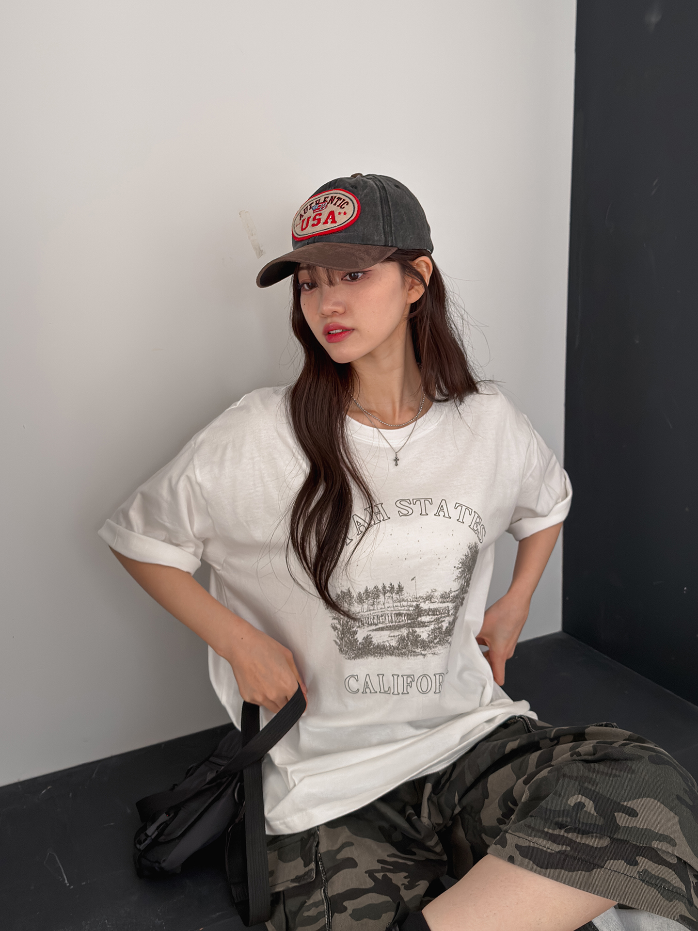 ラウンドネックオーバーサイズルーズ半袖ドロップショルダーレタリングプリントTシャツ | 詳細画像6