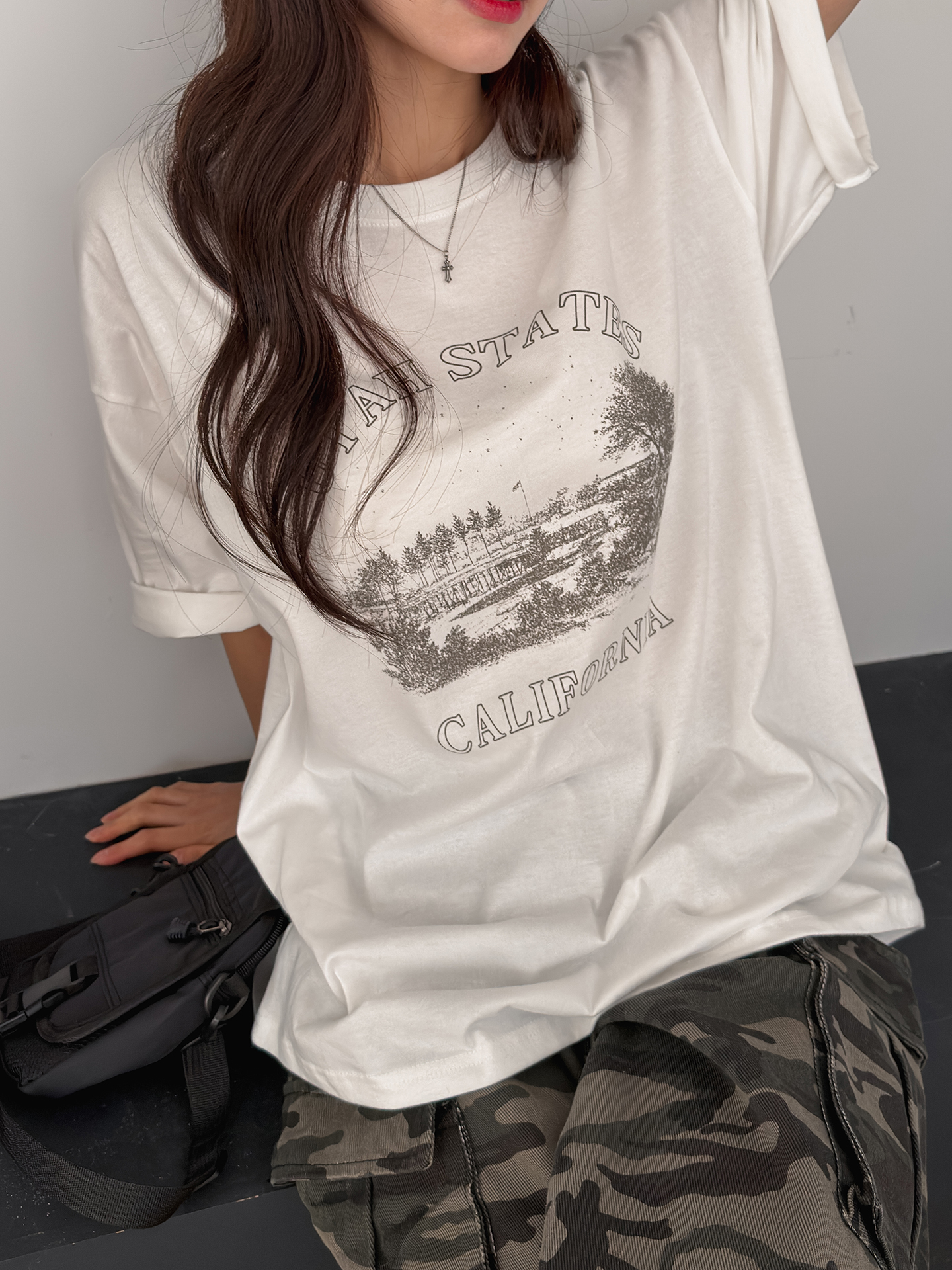 ラウンドネックオーバーサイズルーズ半袖ドロップショルダーレタリングプリントTシャツ | 詳細画像7