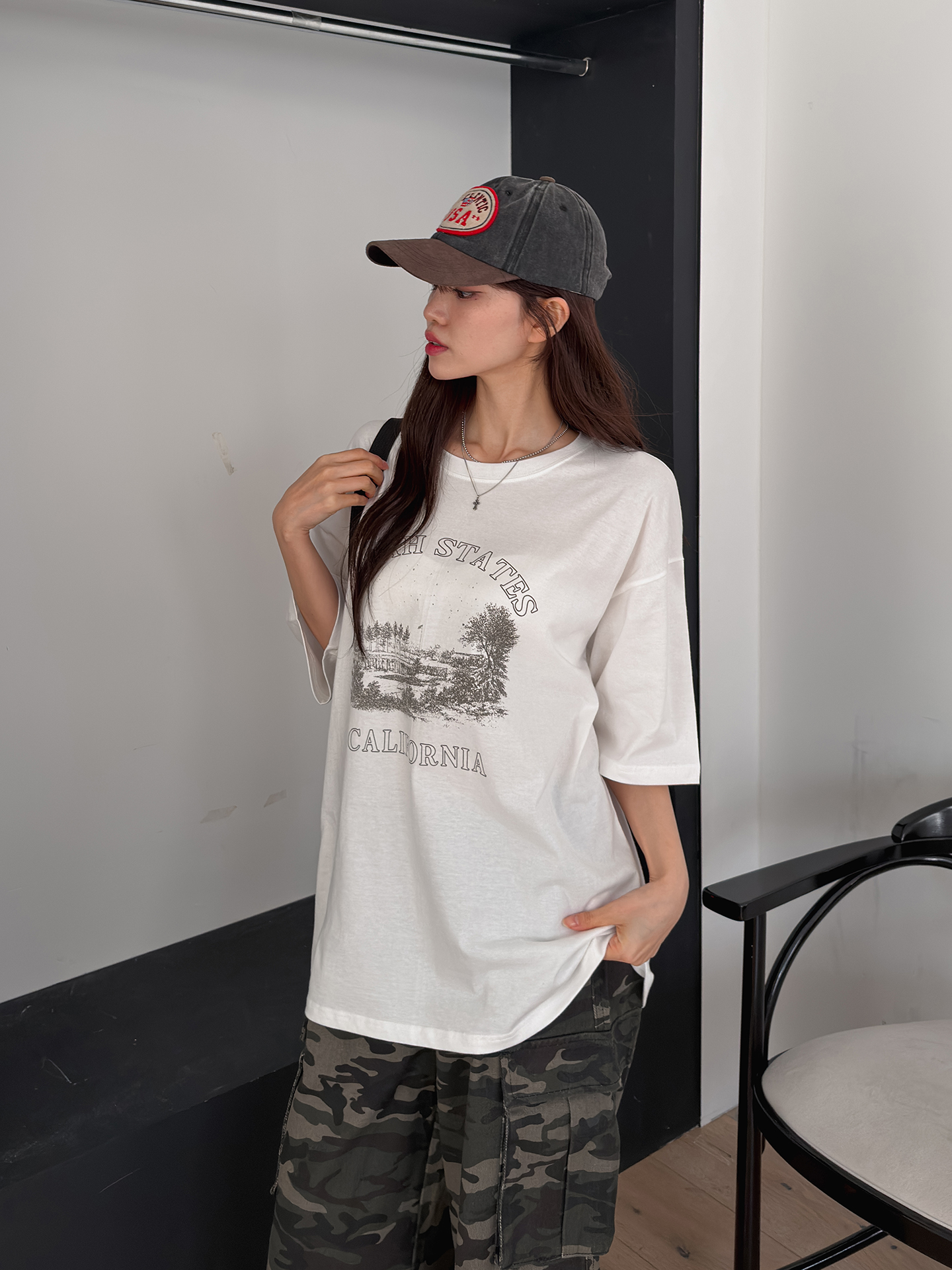ラウンドネックオーバーサイズルーズ半袖ドロップショルダーレタリングプリントTシャツ | 詳細画像9