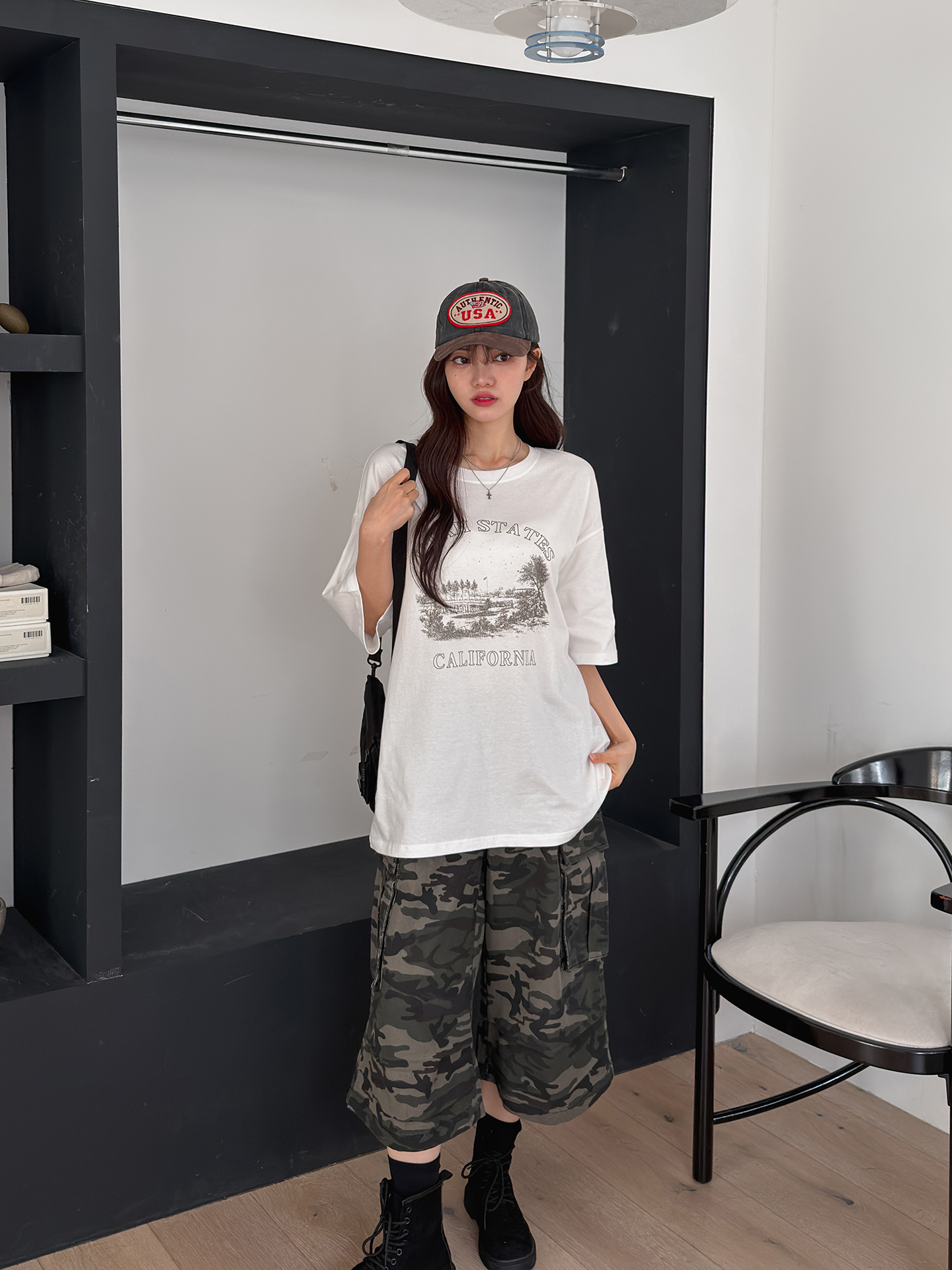 ラウンドネックオーバーサイズルーズ半袖ドロップショルダーレタリングプリントTシャツ | 詳細画像10