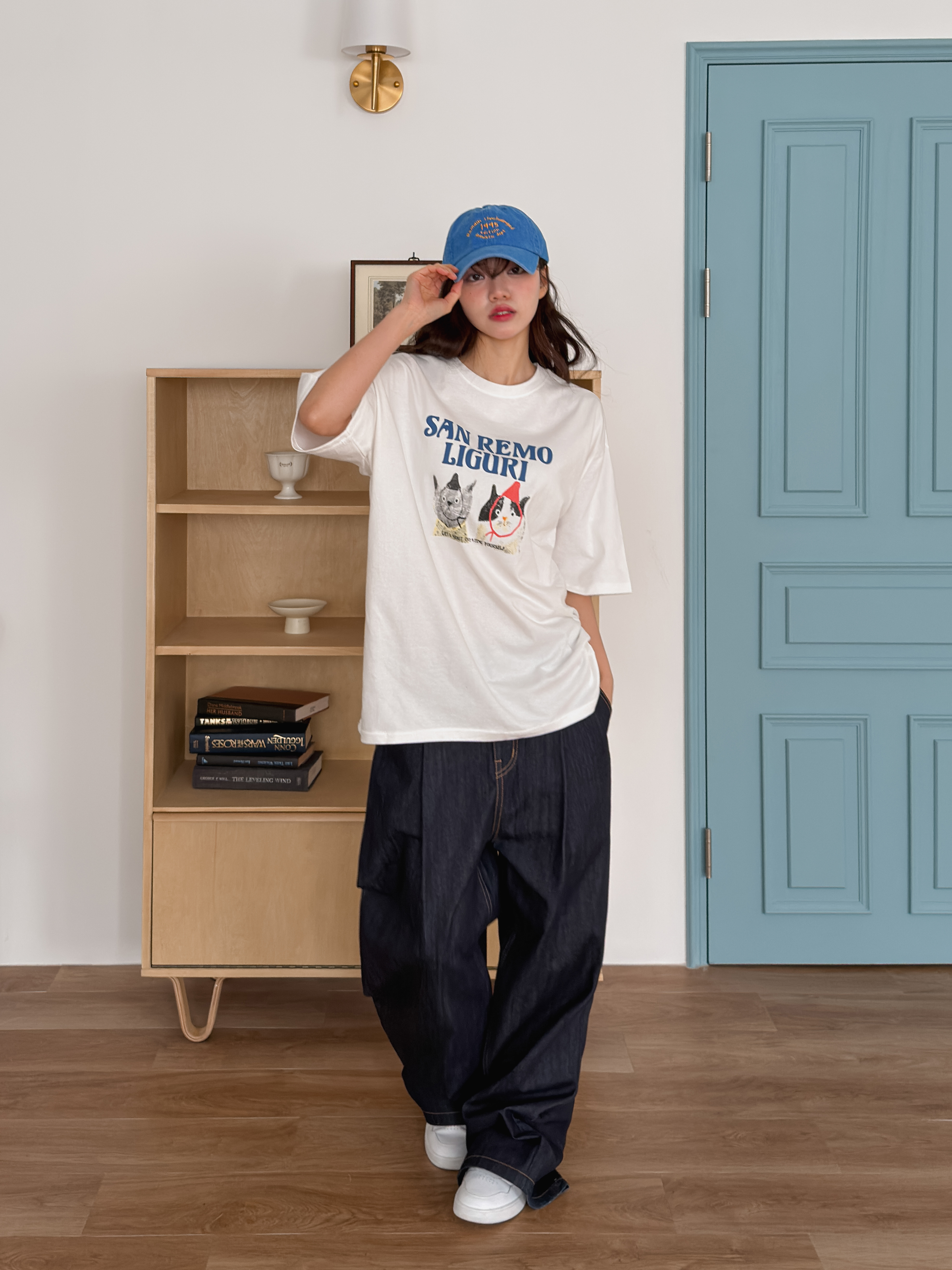 ラウンドネックオーバーサイズルーズ半袖ハーフドロップショルダーレタリングプリントTシャツ | 詳細画像4