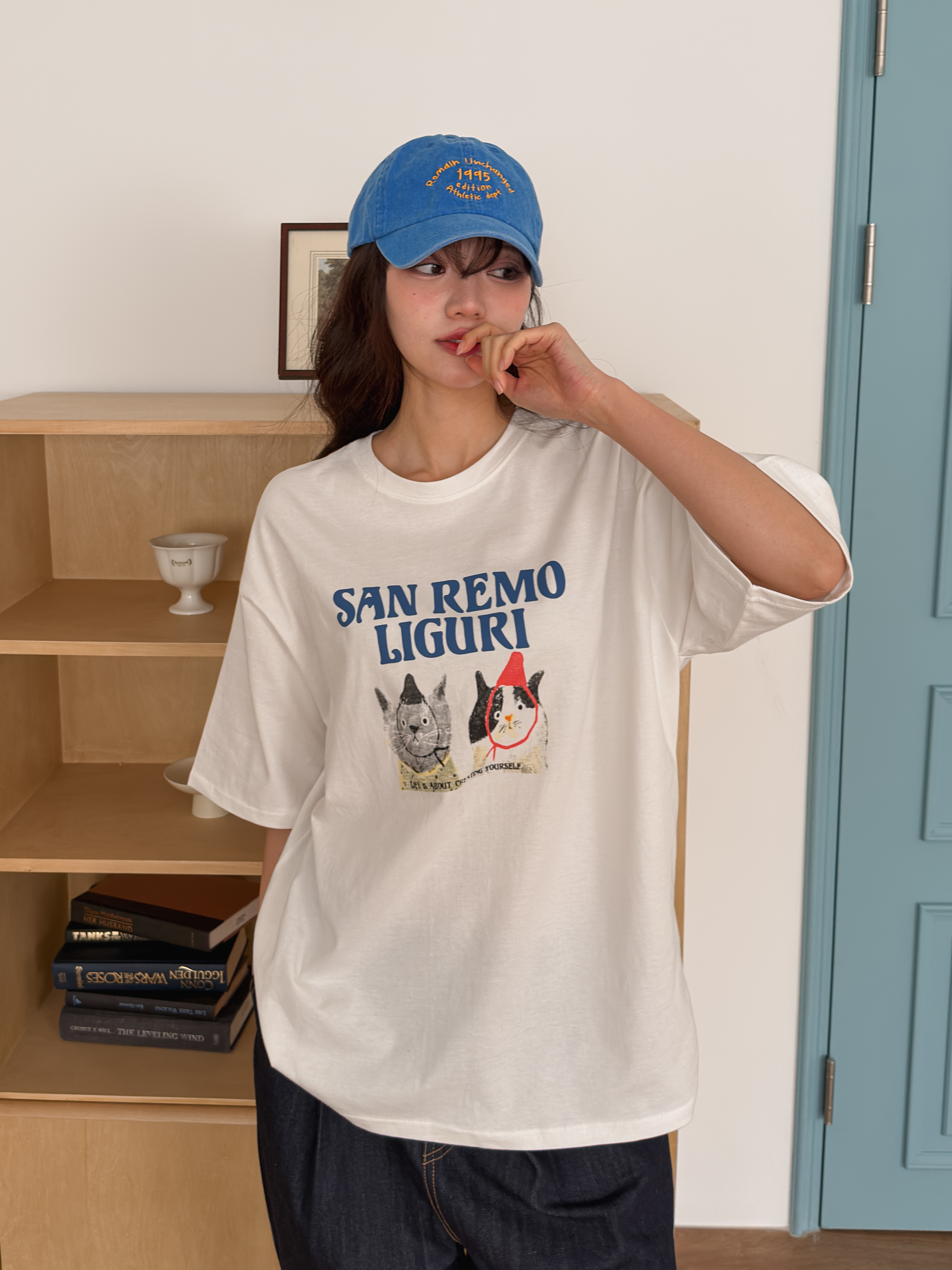 ラウンドネックオーバーサイズルーズ半袖ハーフドロップショルダーレタリングプリントTシャツ | 詳細画像6