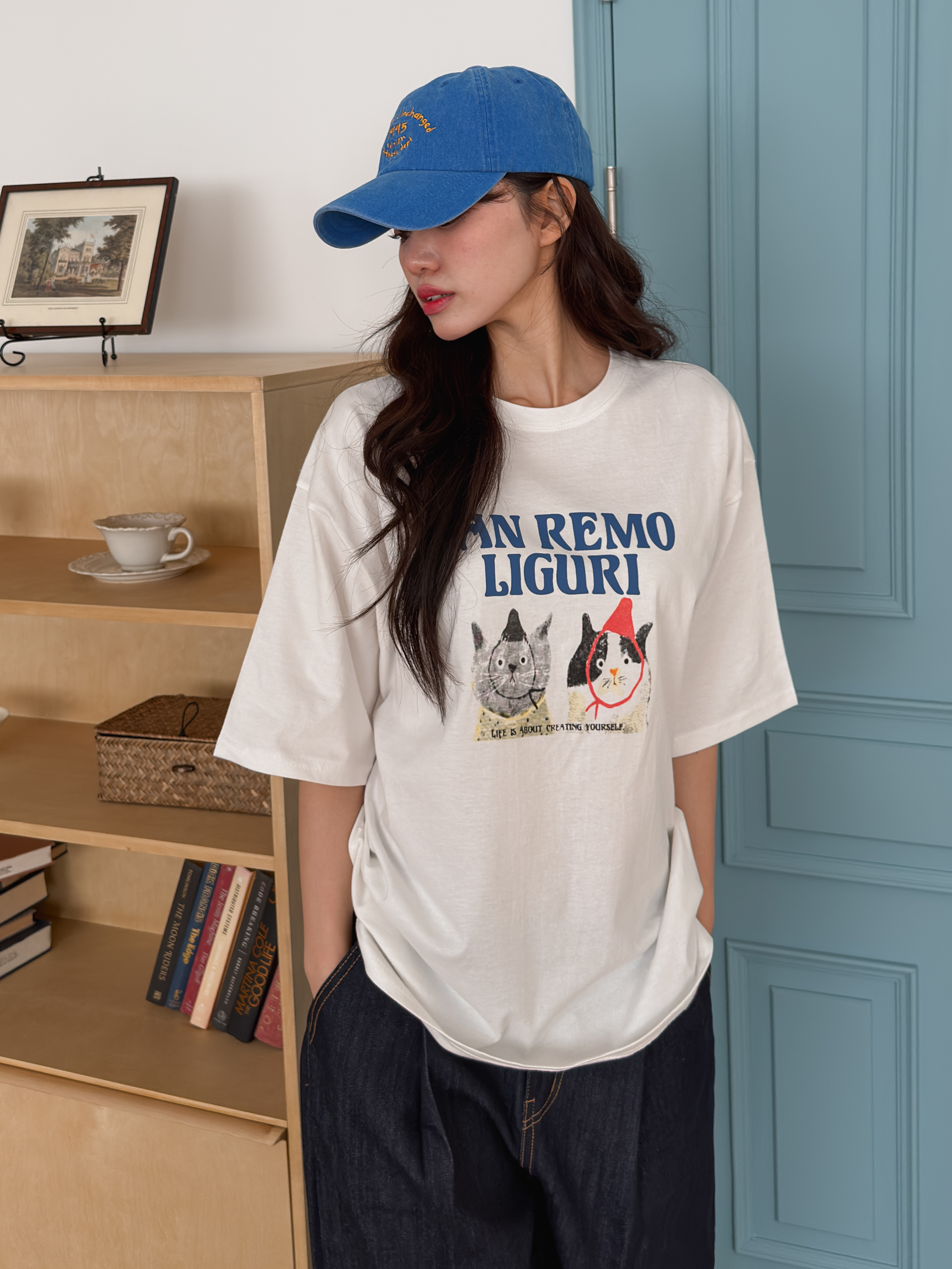 ラウンドネックオーバーサイズルーズ半袖ハーフドロップショルダーレタリングプリントTシャツ | 詳細画像7