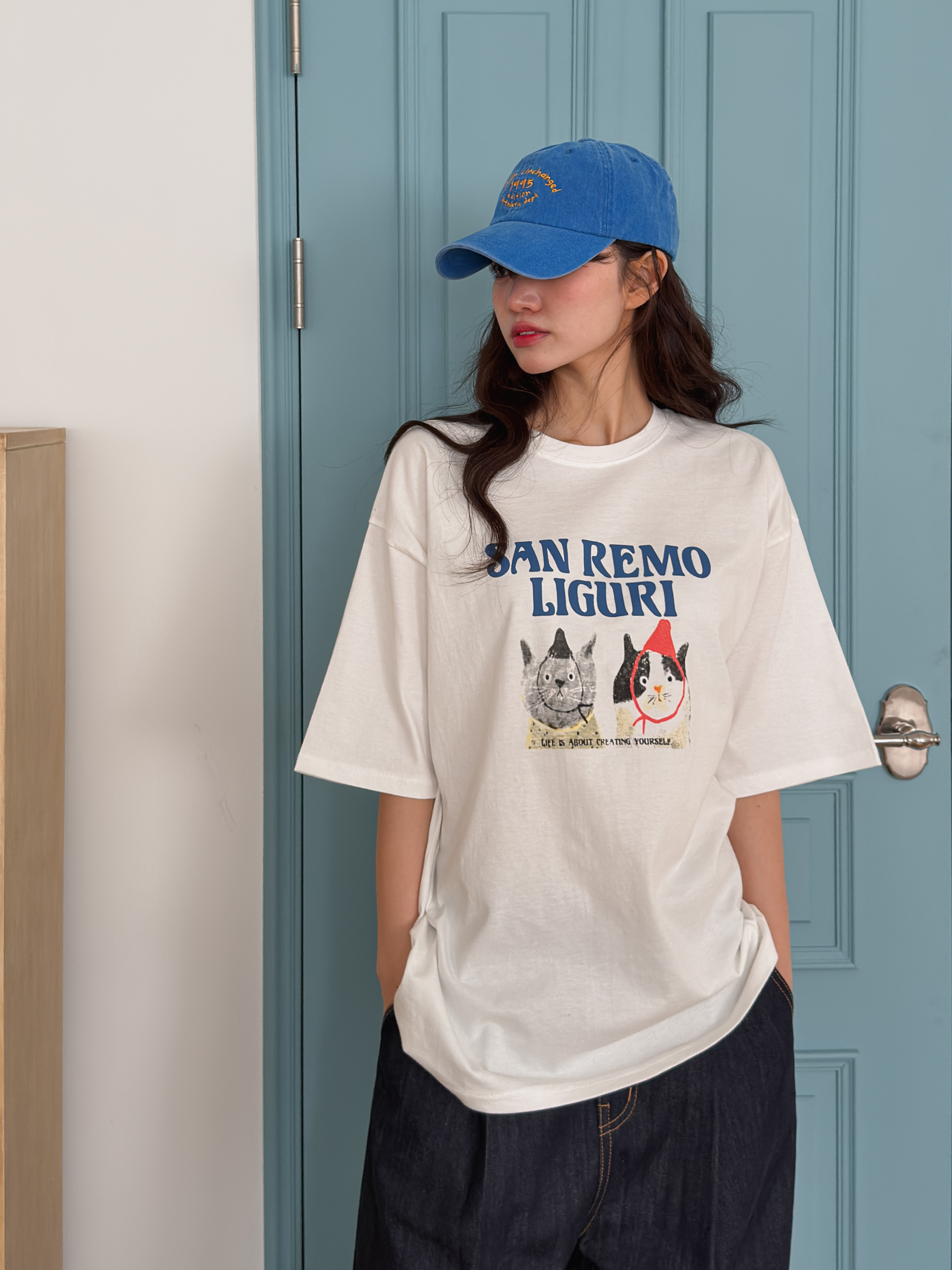 ラウンドネックオーバーサイズルーズ半袖ハーフドロップショルダーレタリングプリントTシャツ | 詳細画像8