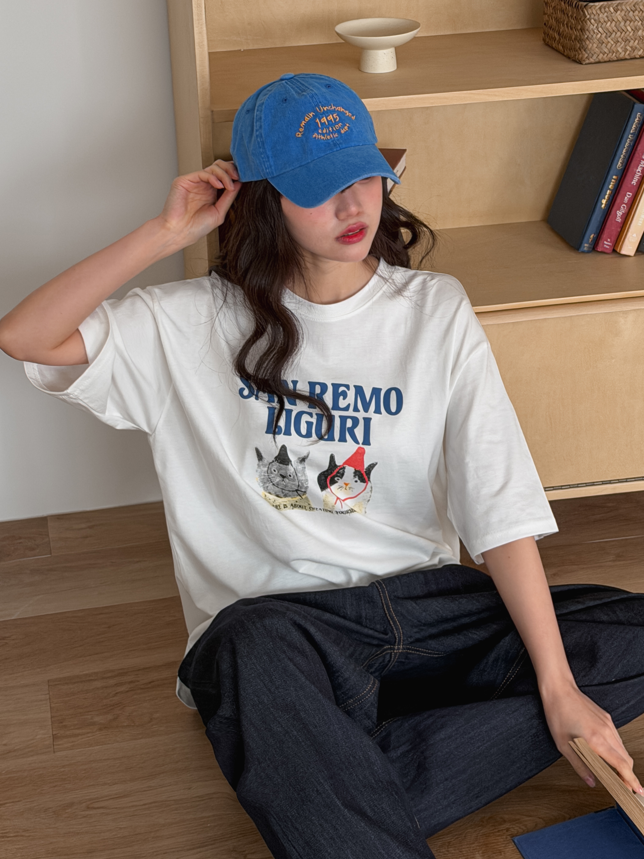 ラウンドネックオーバーサイズルーズ半袖ハーフドロップショルダーレタリングプリントTシャツ | 詳細画像2