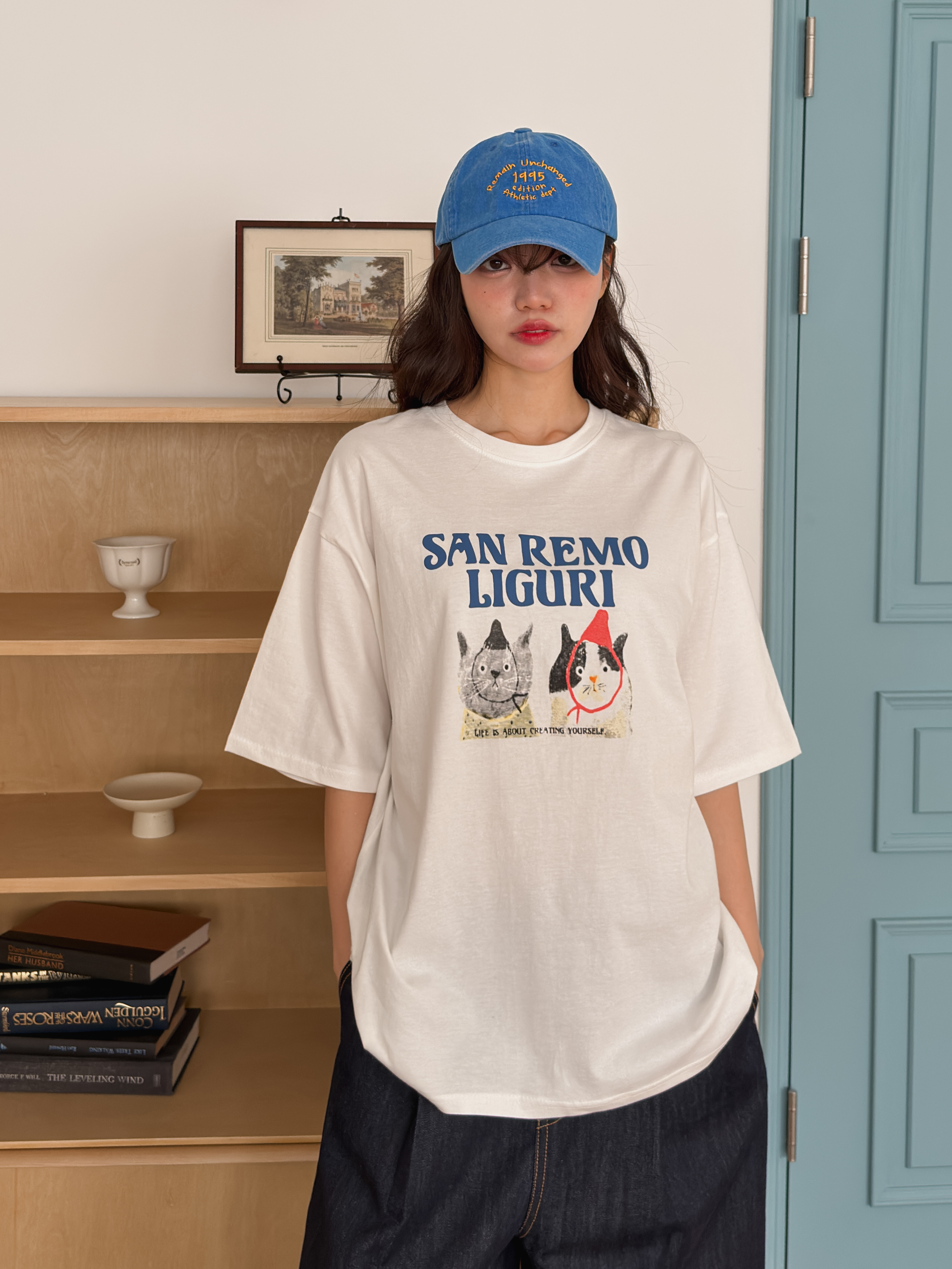 ラウンドネックオーバーサイズルーズ半袖ハーフドロップショルダーレタリングプリントTシャツ | 詳細画像5