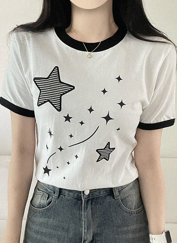 コットンパッチ半袖ラウンドネッククロップド配色星柄刺繍プリントT