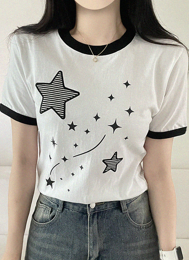 コットンパッチ半袖ラウンドネッククロップド配色星柄刺繍プリントT