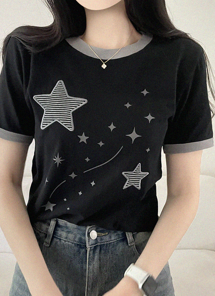 コットンパッチ半袖ラウンドネッククロップド配色星柄刺繍プリントT
