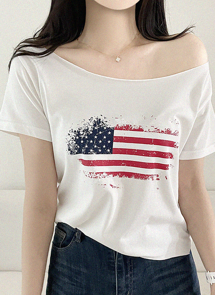 オフショルダー半袖クロップドルーズ星条旗プリントTシャツ