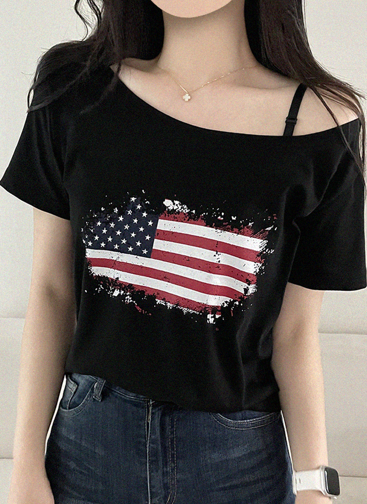 オフショルダー半袖クロップドルーズ星条旗プリントTシャツ