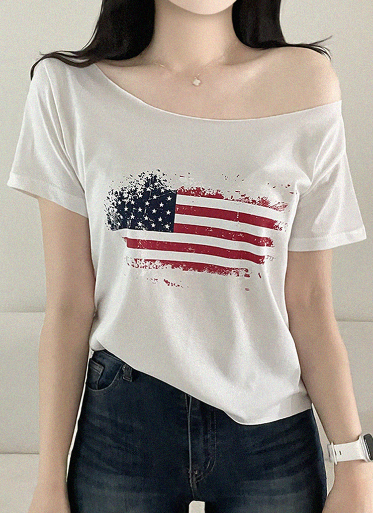 オフショルダー半袖クロップドルーズ星条旗プリントTシャツ