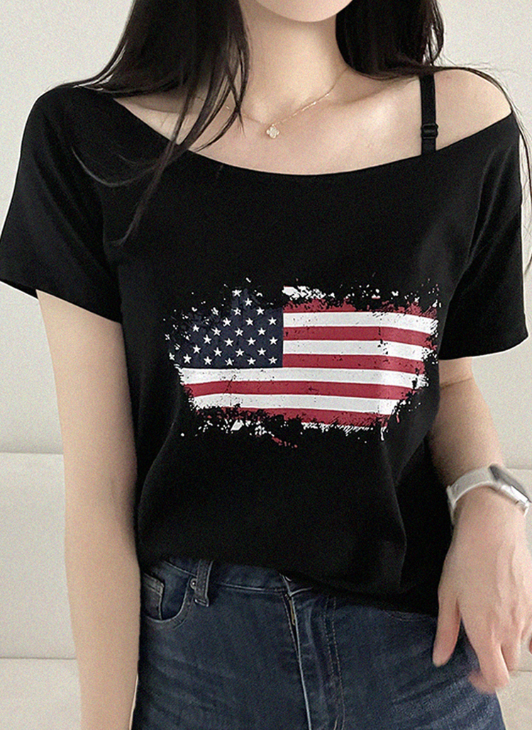 オフショルダー半袖クロップドルーズ星条旗プリントTシャツ