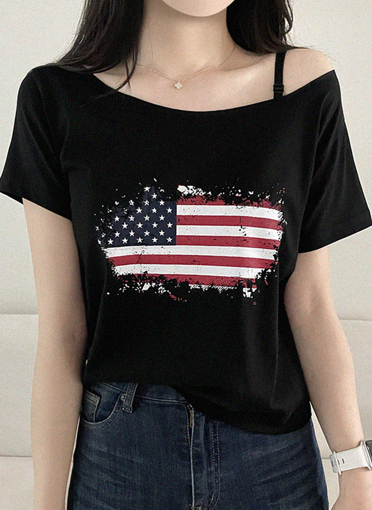 オフショルダー半袖クロップドルーズ星条旗プリントTシャツ