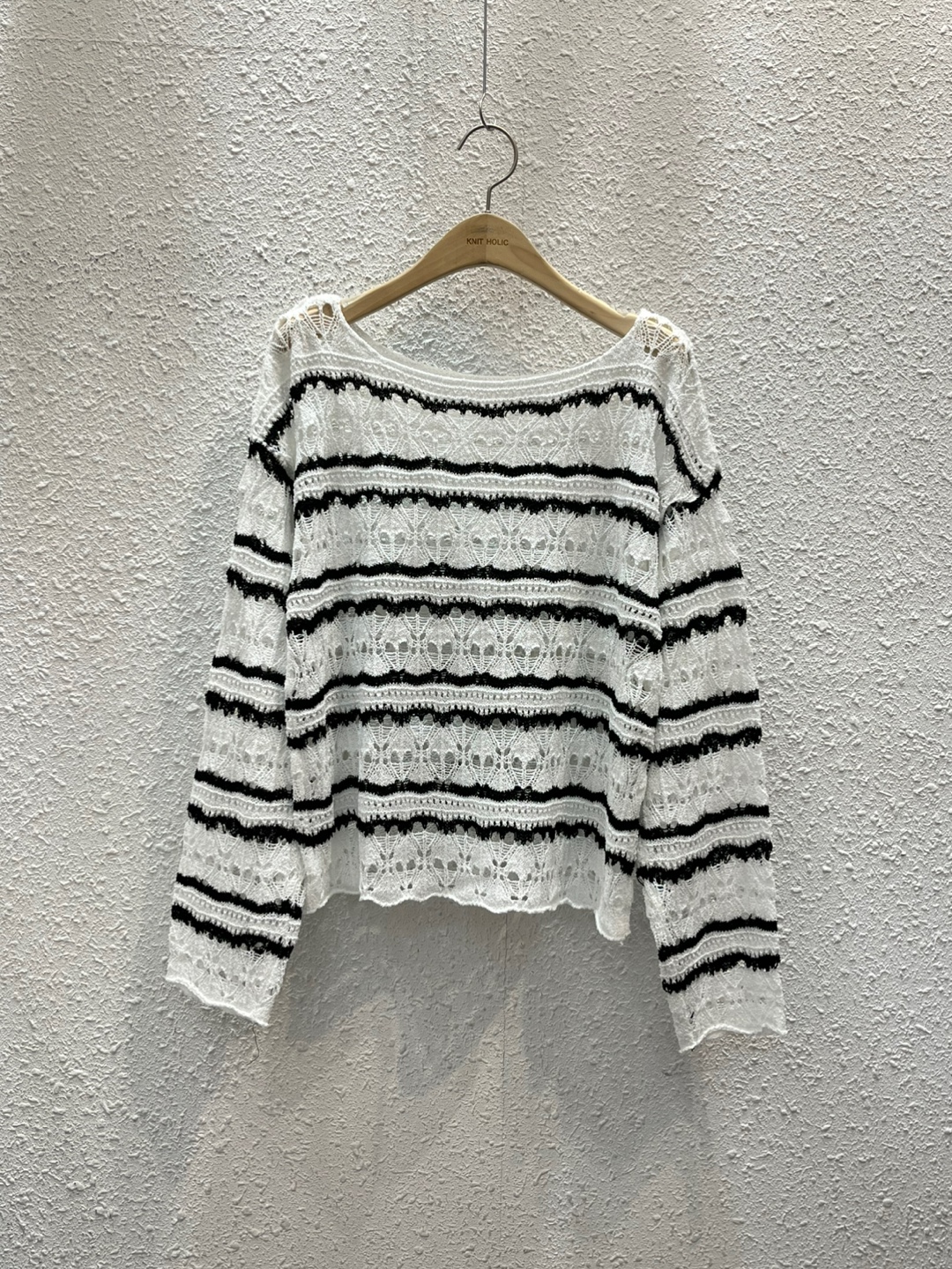 シースルーボートネックベーシックルーズ長袖ボーダー配色ニット | 詳細画像5