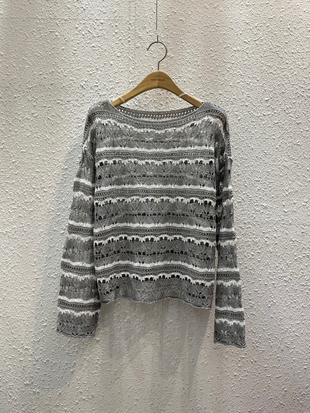 シースルーボートネックベーシックルーズ長袖ボーダー配色ニット | 詳細画像7