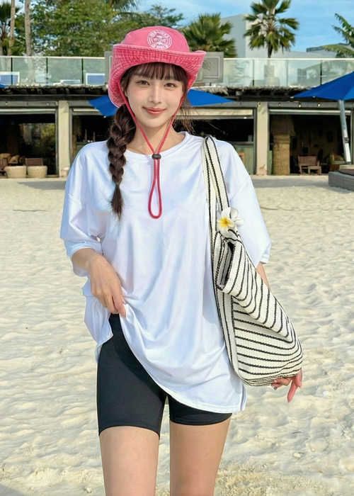 ストレッチラウンドネックボクシールーズ半袖Tシャツレッシュガード上