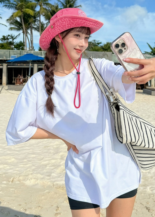 ストレッチラウンドネックボクシールーズ半袖Tシャツレッシュガード上