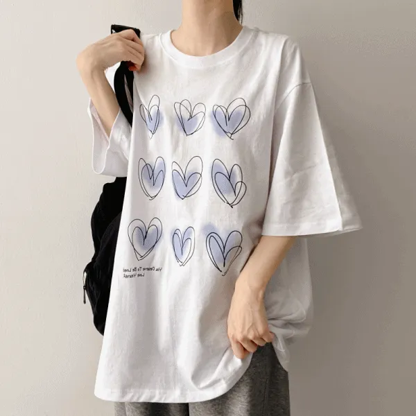 コットンラウンドネック半袖ドロップショルダーオーバーサイズハートプリントTシャツ | hijjoo | 詳細画像1