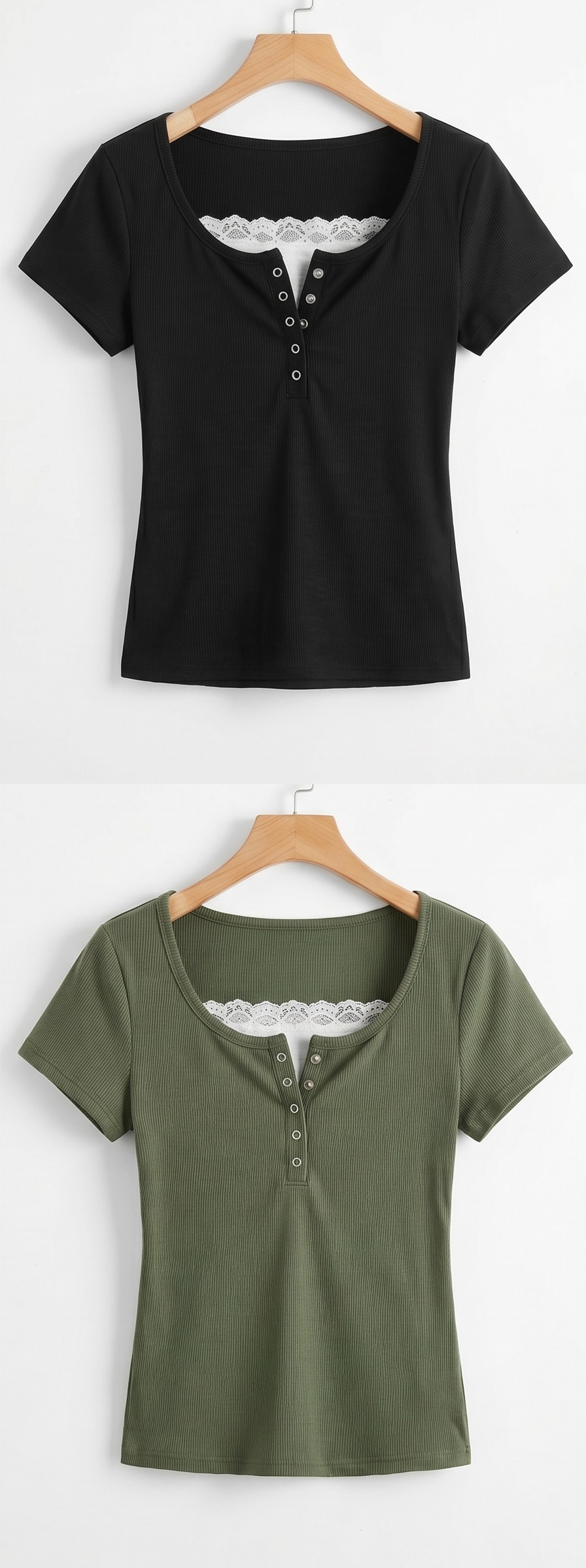 レースコンビスリムレイヤード風ハーフボタン半袖ドット無地Tシャツ | 詳細画像22