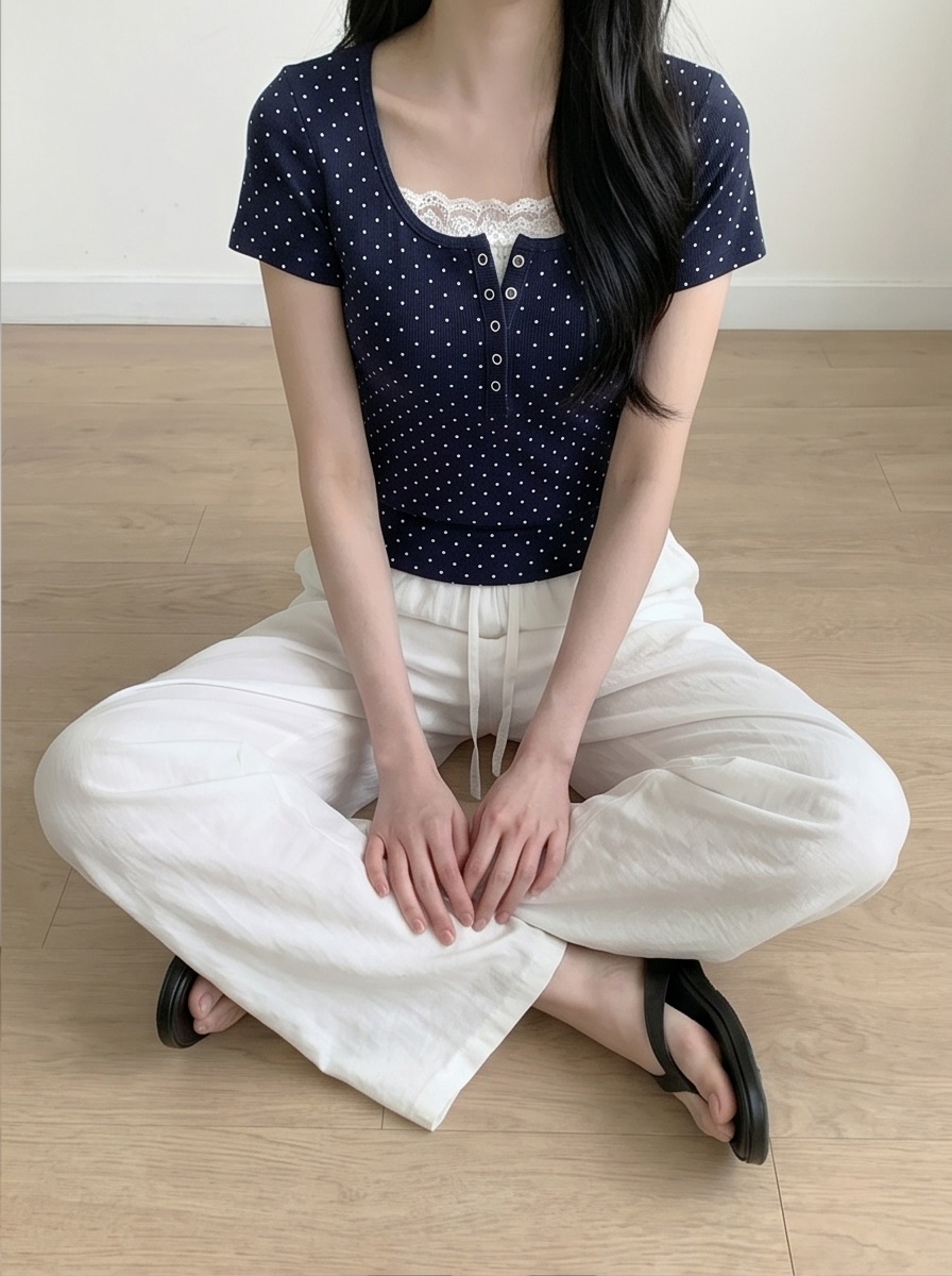 レースコンビスリムレイヤード風ハーフボタン半袖ドット無地Tシャツ | 詳細画像15
