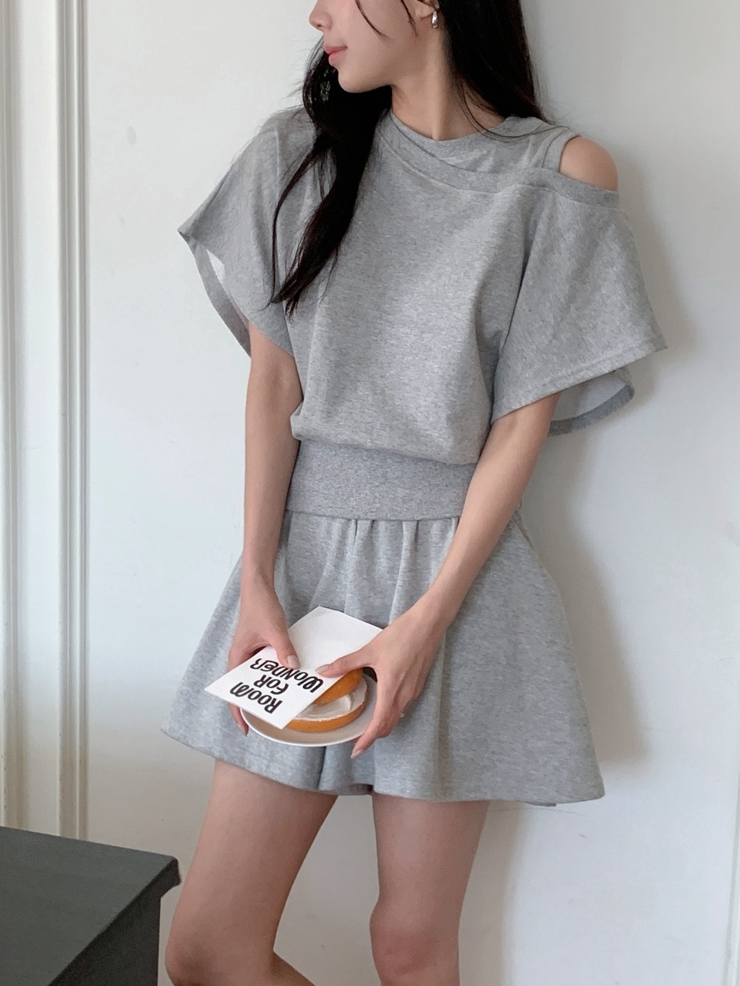 ワンショルダーウエストゴムアンバランス半袖フレア無地ツーピース(トップス、ボトムス)Tシャツショートパンツ | 詳細画像5
