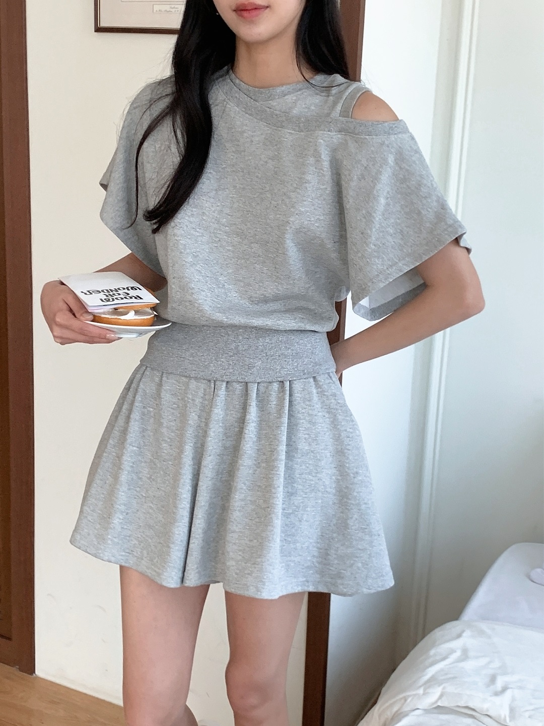 ワンショルダーウエストゴムアンバランス半袖フレア無地ツーピース(トップス、ボトムス)Tシャツショートパンツ | 詳細画像8