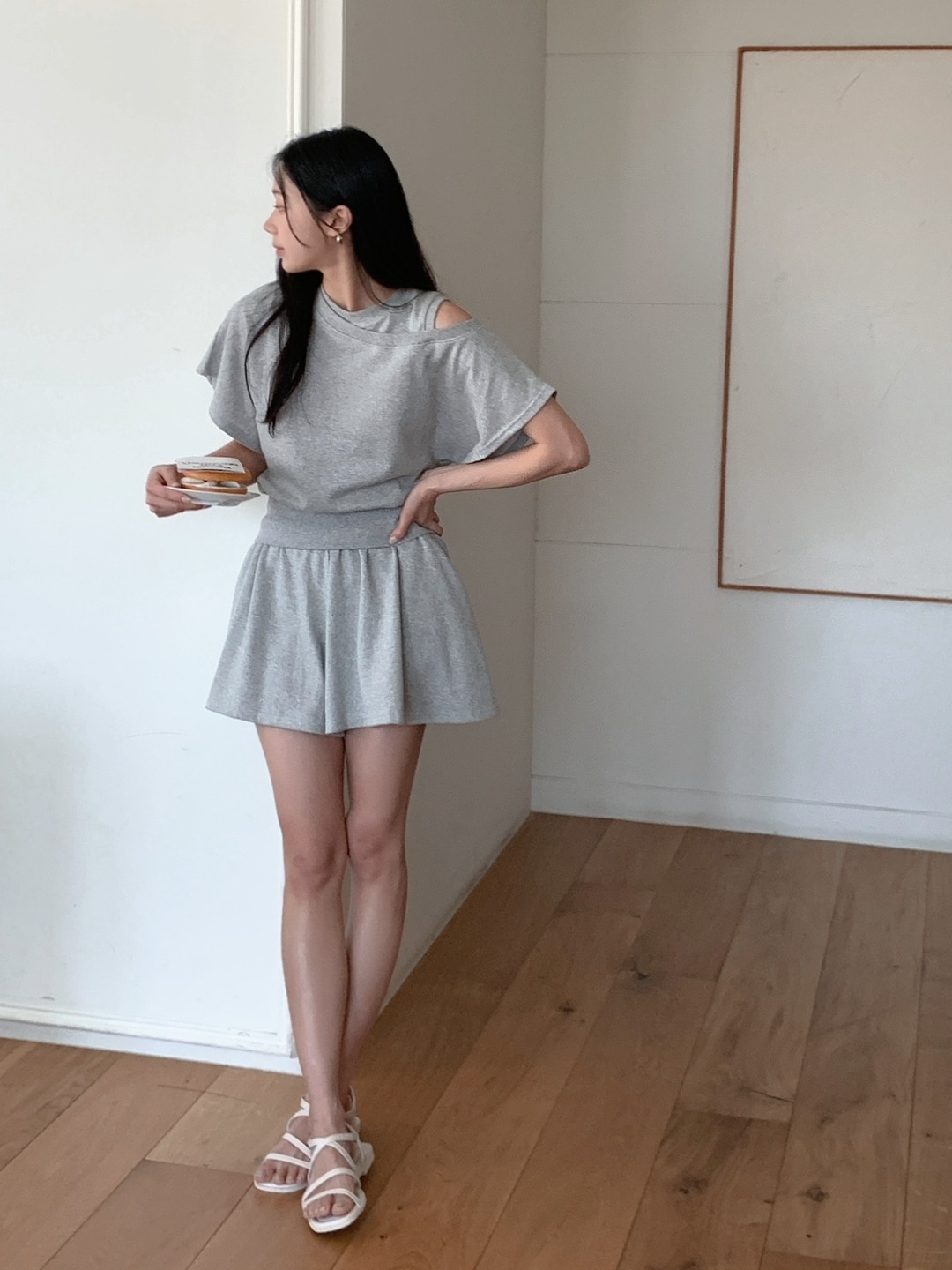 ワンショルダーウエストゴムアンバランス半袖フレア無地ツーピース(トップス、ボトムス)Tシャツショートパンツ | 詳細画像10