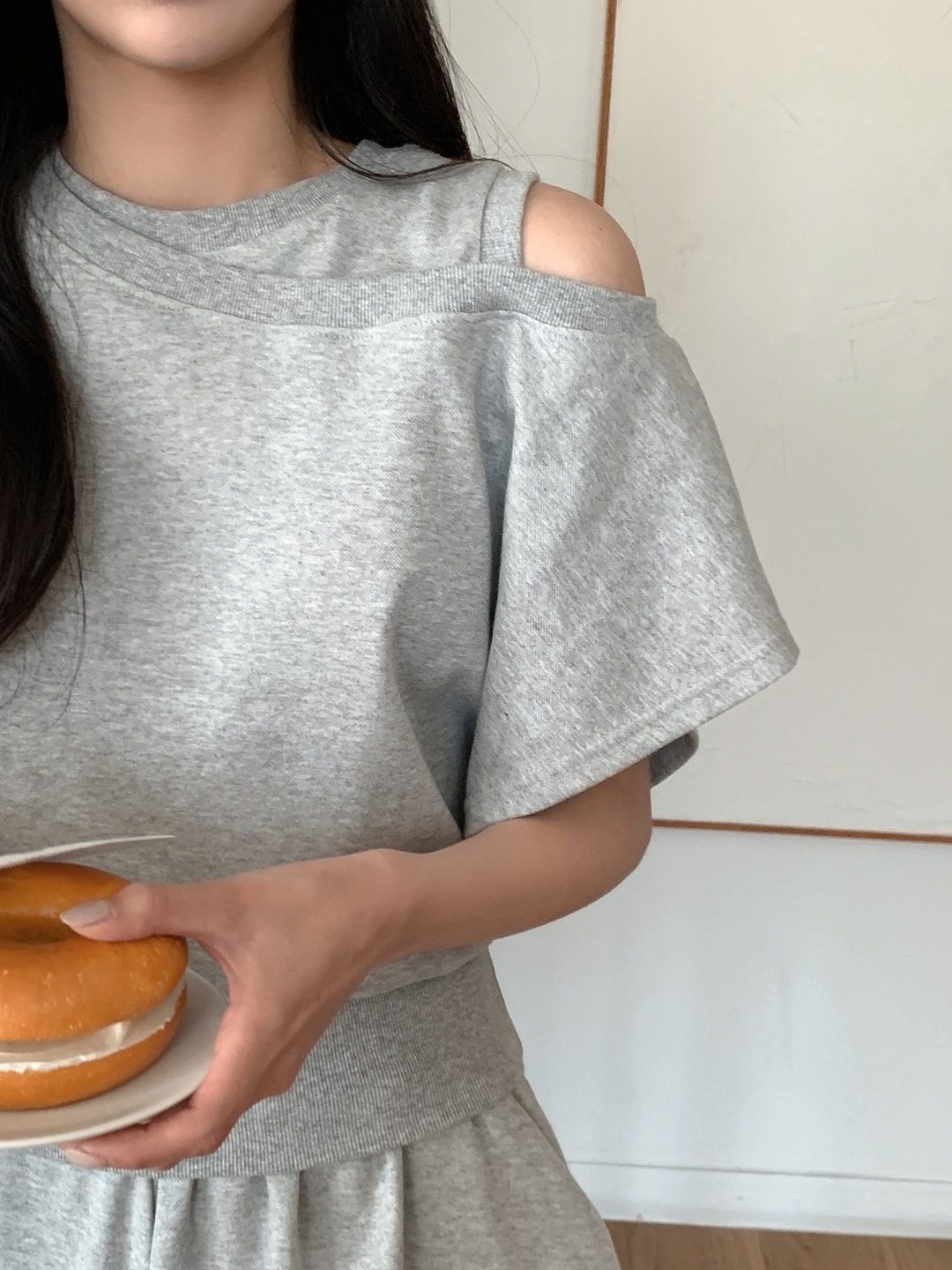 ワンショルダーウエストゴムアンバランス半袖フレア無地ツーピース(トップス、ボトムス)Tシャツショートパンツ | 詳細画像12