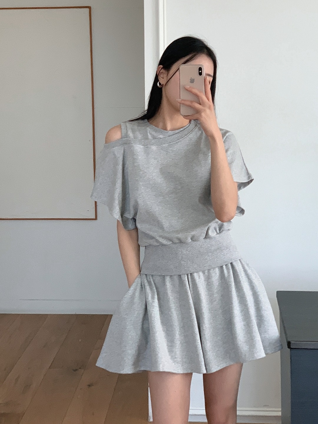ワンショルダーウエストゴムアンバランス半袖フレア無地ツーピース(トップス、ボトムス)Tシャツショートパンツ | 詳細画像15