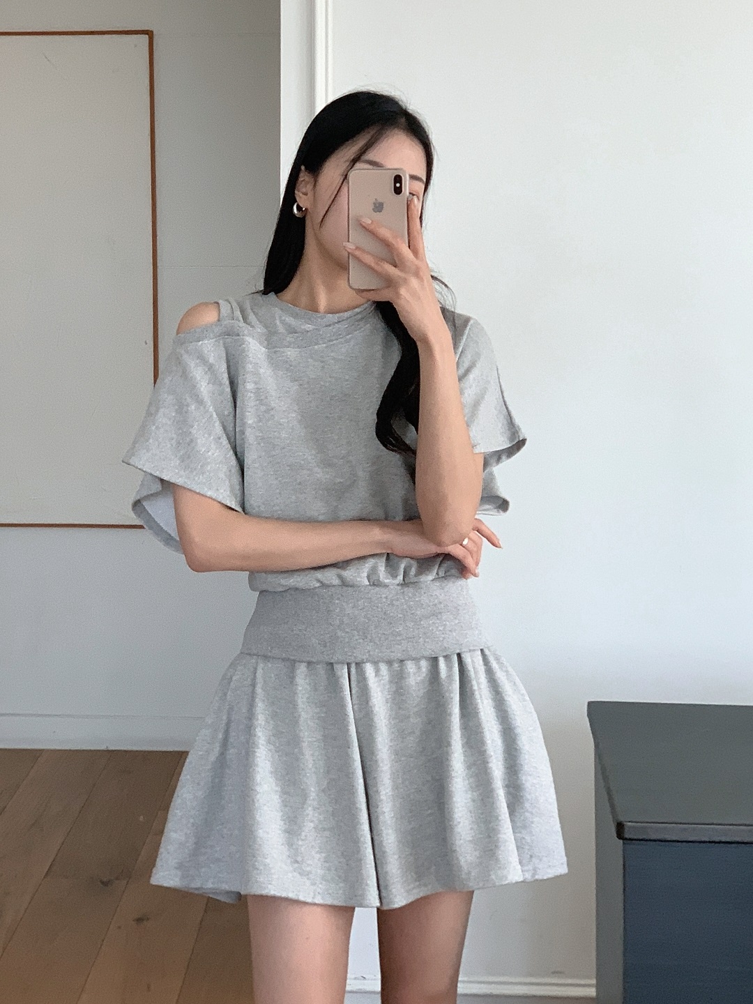 ワンショルダーウエストゴムアンバランス半袖フレア無地ツーピース(トップス、ボトムス)Tシャツショートパンツ | 詳細画像16