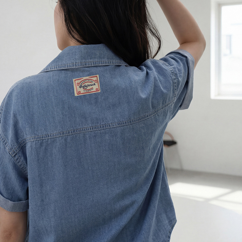 デニム半袖オーバーサイズ刺繍パッチライトブルーディープブルーシャツ
