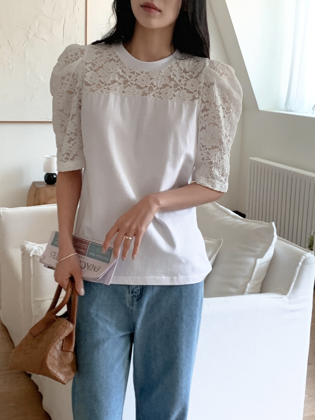 コンビコットン花柄レースラウンドネックパフスリーブ半袖Tシャツ | 詳細画像3