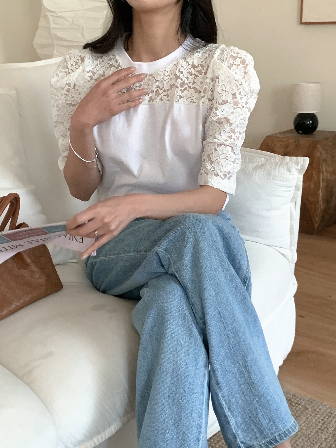 コンビコットン花柄レースラウンドネックパフスリーブ半袖Tシャツ | 詳細画像4