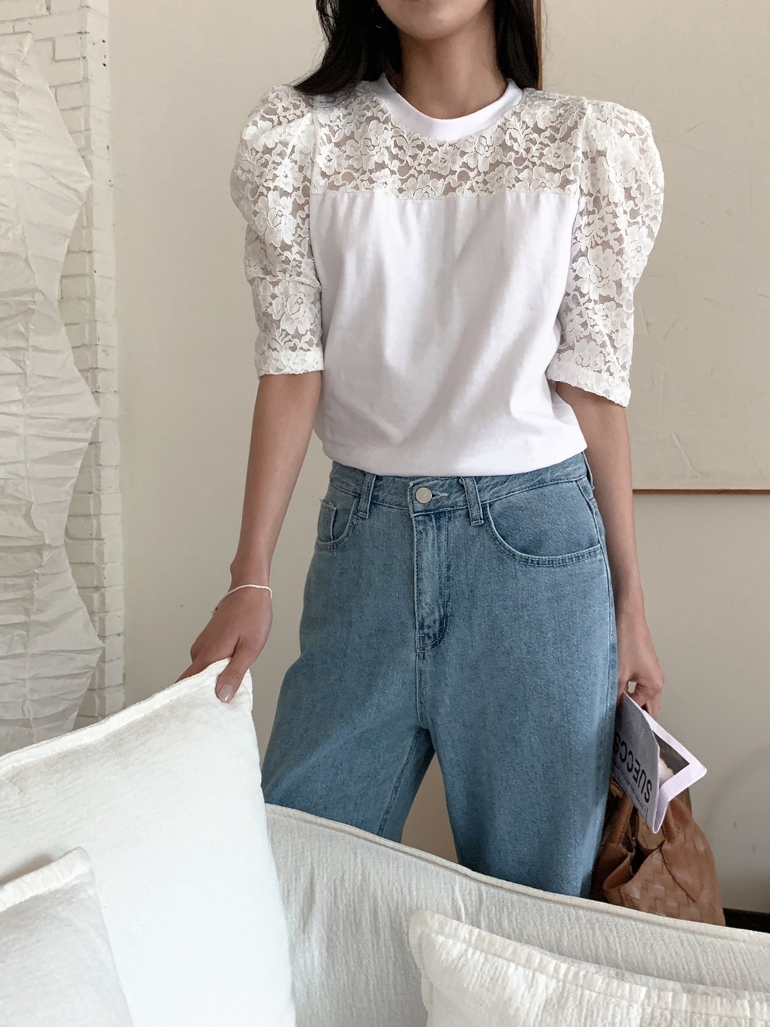 コンビコットン花柄レースラウンドネックパフスリーブ半袖Tシャツ | 詳細画像7
