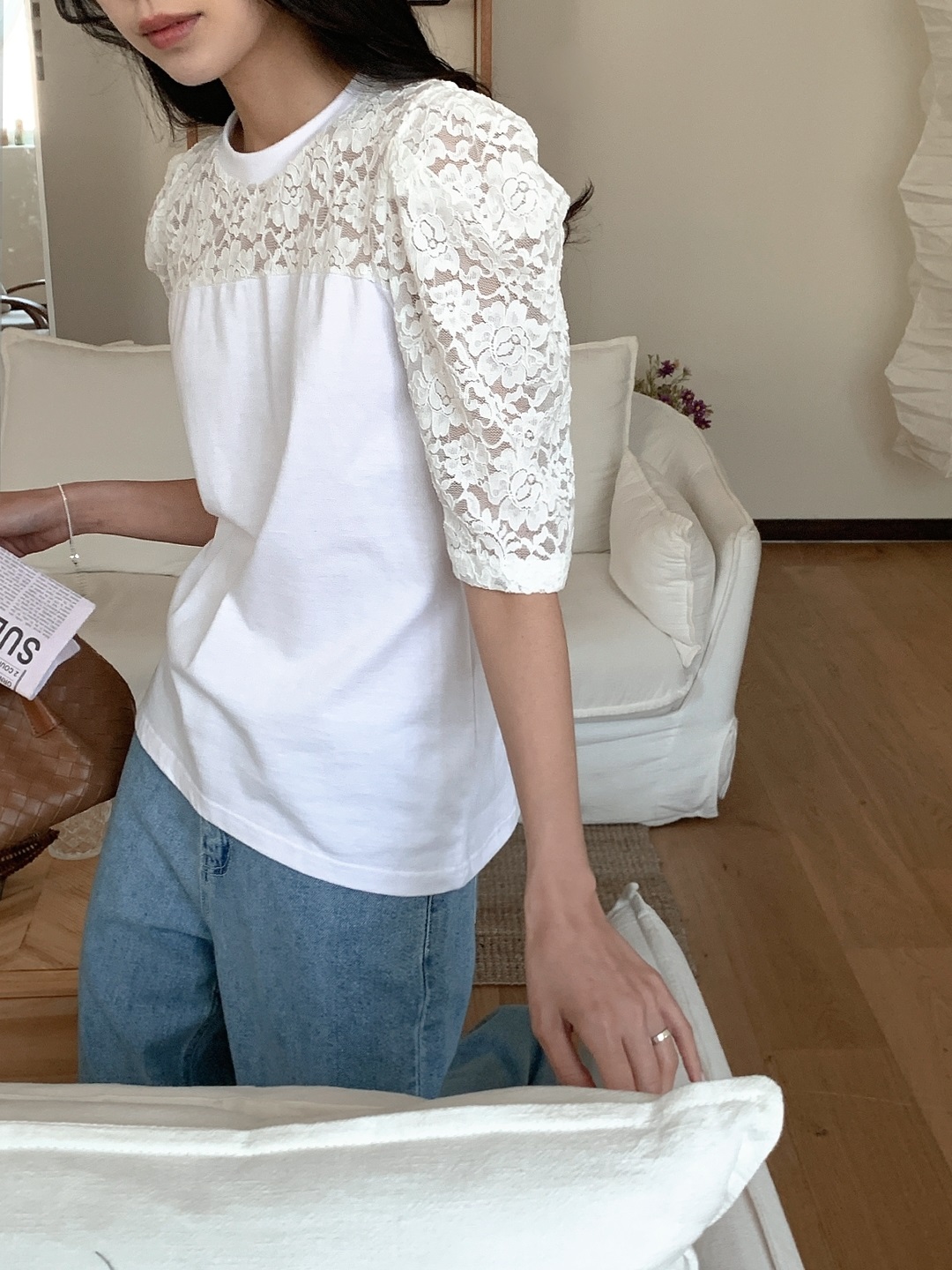 コンビコットン花柄レースラウンドネックパフスリーブ半袖Tシャツ | 詳細画像9