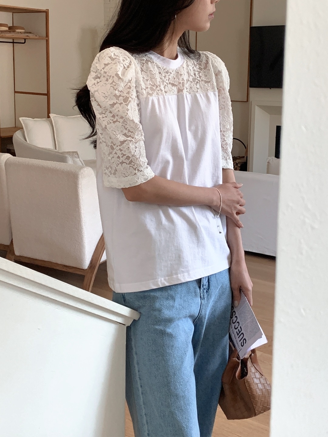 コンビコットン花柄レースラウンドネックパフスリーブ半袖Tシャツ | 詳細画像11