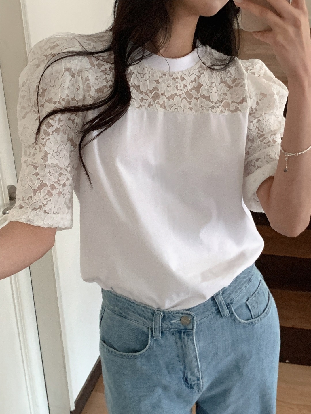 コンビコットン花柄レースラウンドネックパフスリーブ半袖Tシャツ | 詳細画像13
