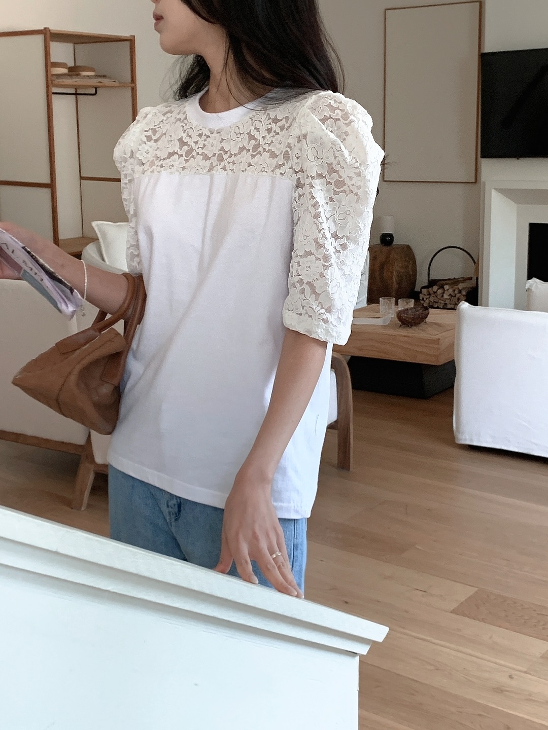 コンビコットン花柄レースラウンドネックパフスリーブ半袖Tシャツ | 詳細画像15