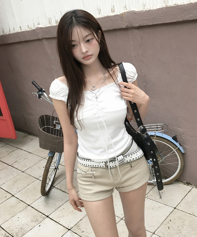 レーススリムスクエアネック半袖ギャザーボタンTシャツ | レディース