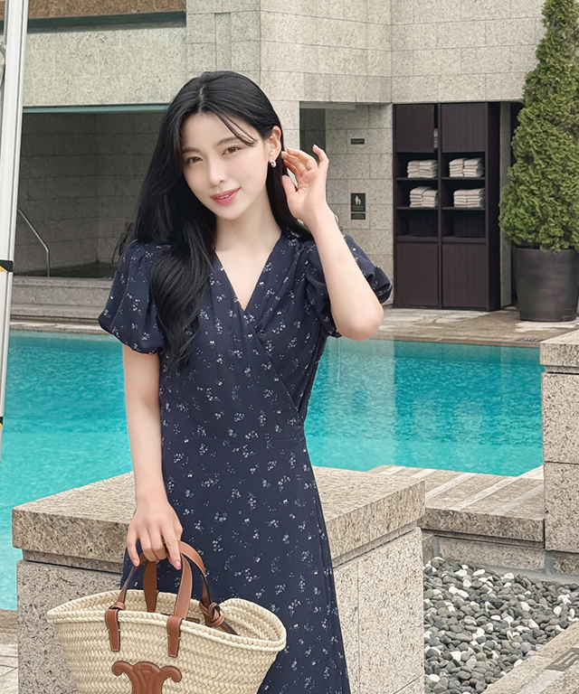 ラップロングパフスリーブ半袖Aライン小花柄プリントワンピース