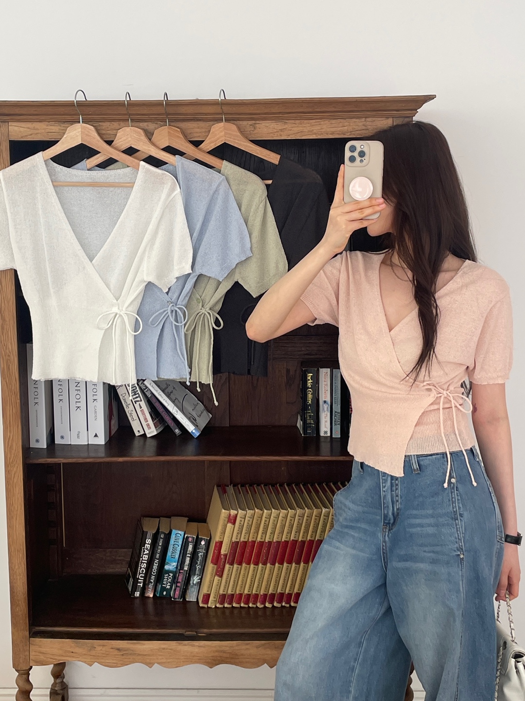 Vネックドローストリングベーシックスリム半袖ニット | 詳細画像4